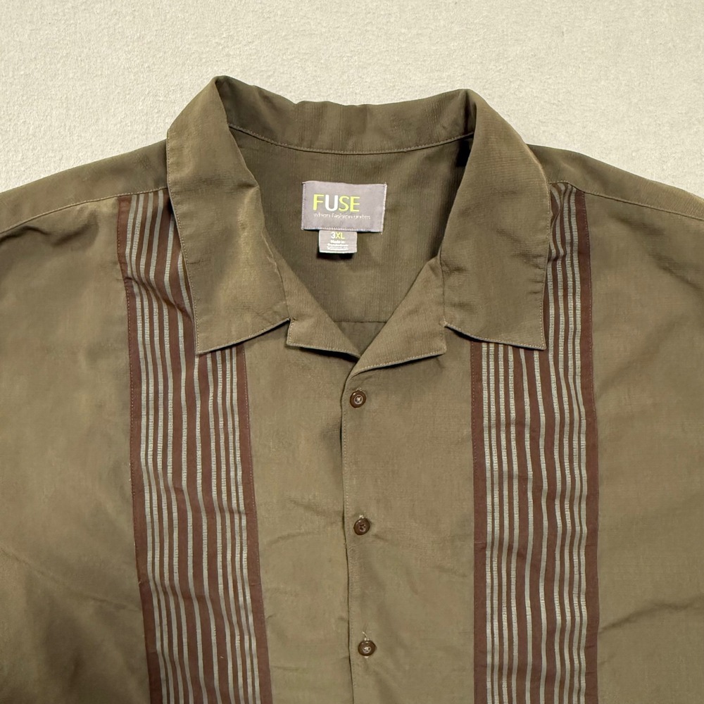 FUSE Shirt Sleeve Button Up Cuban Style Green Stripes‎ Shirt Men 3XL